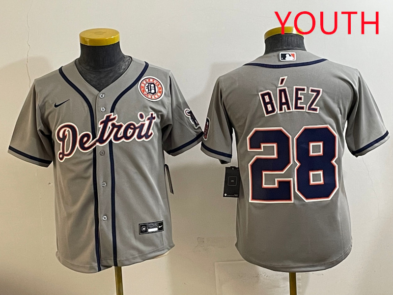 Youth 2025 Detroit Tigers #28 Baez grey Nike MLB jersey style 15->youth mlb jersey->Youth Jersey